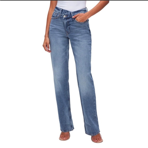 Good American Denim - Good American crossover waist asymmetrical waist straight leg indigo blue jeans